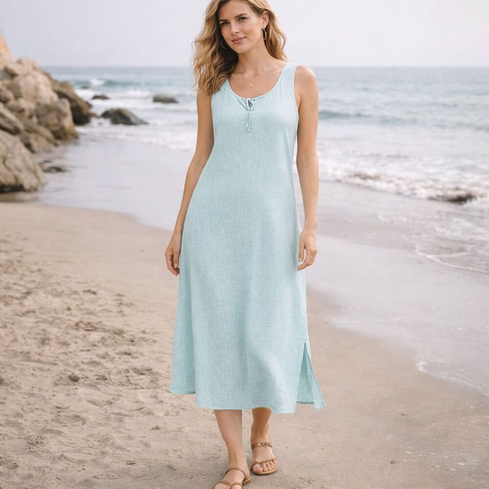 LIZ‎ CLAIBORNE New Liz Sport Midi Dress 100% Linen Aquavita Size 12 Women